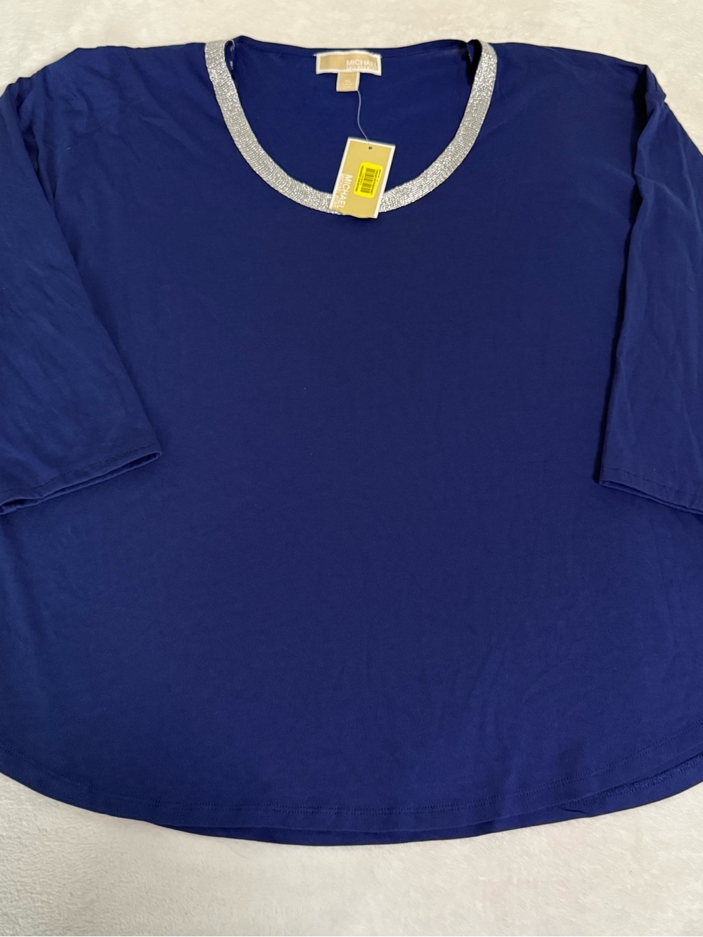 MICHAEL Michael Kors Womens XL Blue Top Silver Metallic Neck 3/4 Sleeve NWT